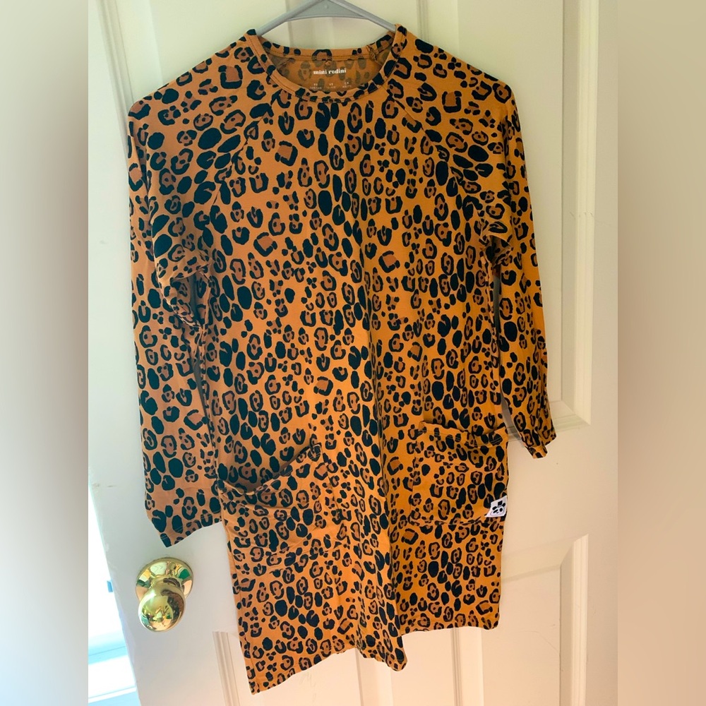 Mini Rodini Leopard Print Long Sleeve Dress with Pockets size 10-11, like new!